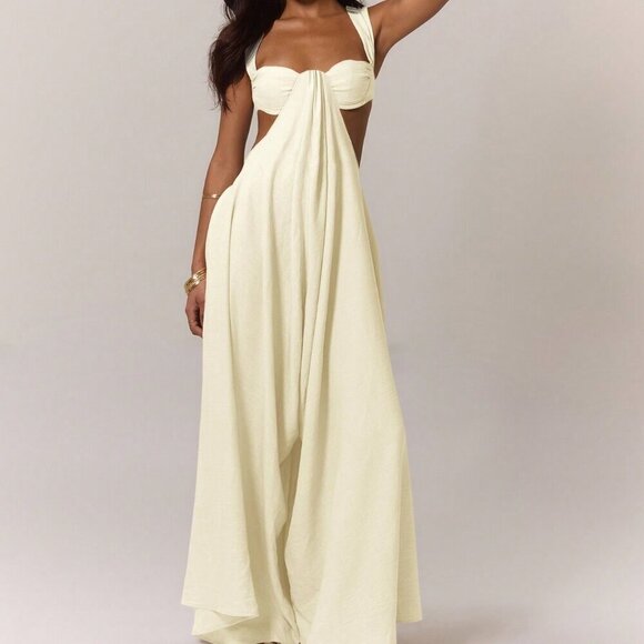 Beige Sexy Women's Ruched Bust Extreme Wide Leg Jumpsuit Vacation - Picture 4 of 5